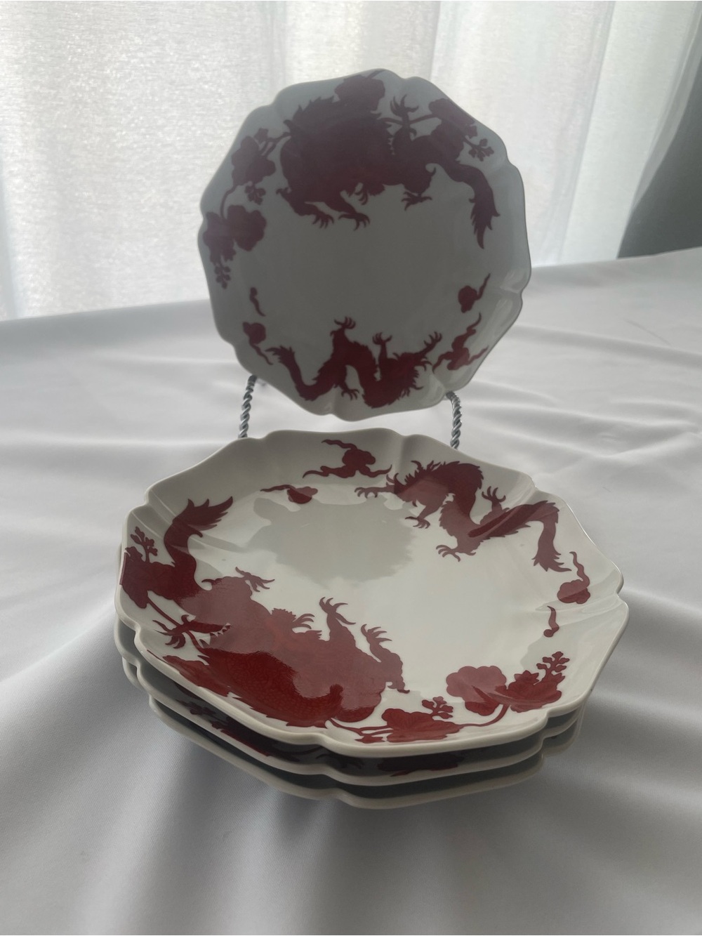 Fitz and Floyd White Dinner Plates with Red Dragon Motif